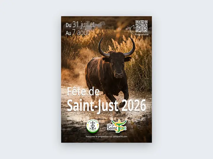 Affiche de la Fête de Saint-Just 2026, taureau dans les herbes au crépuscule