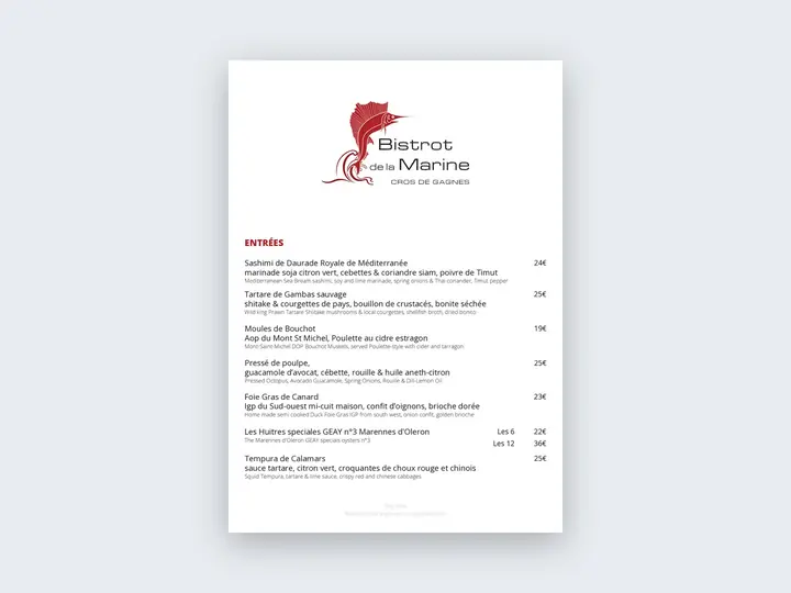 Carte du restaurant Le Bistrot de la Marine