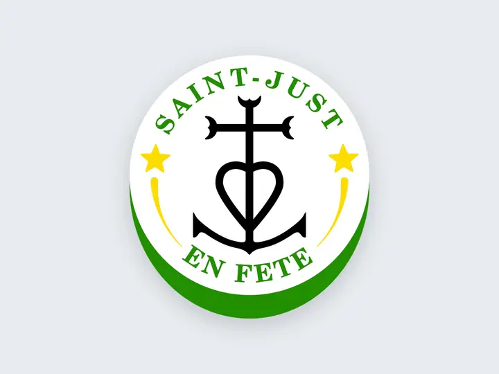 Logo rond de Saint-Just en fête, croix camarguaise et étoiles