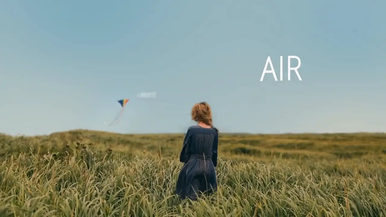 Femme de dos dans un champ face à un cerf-volant, titre « Air »