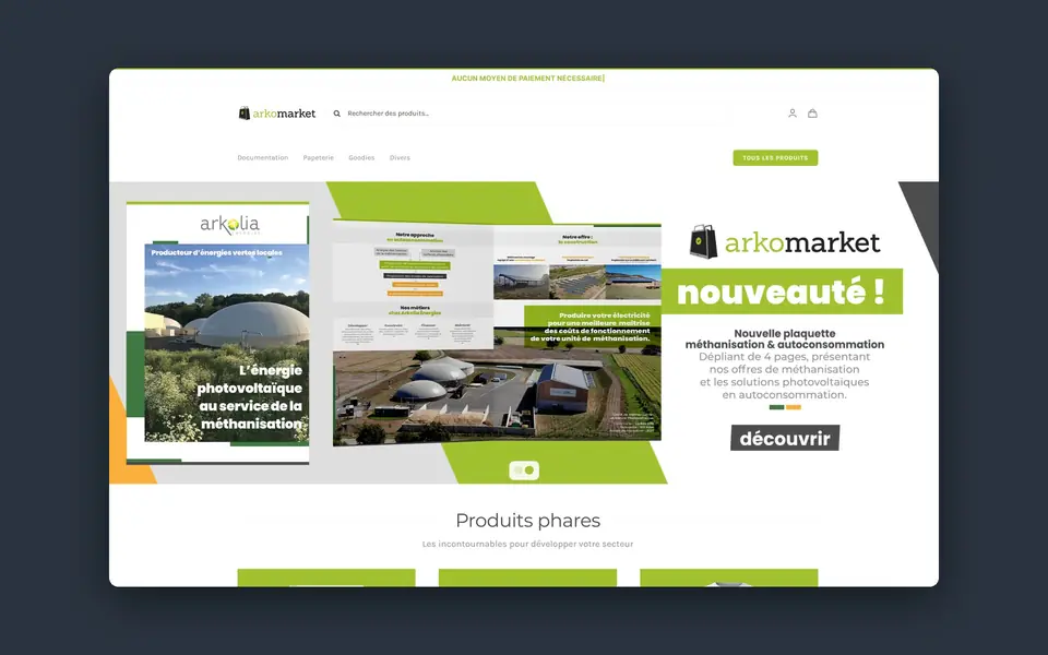 Page d'accueil du site Arkolia Market sur ordinateur